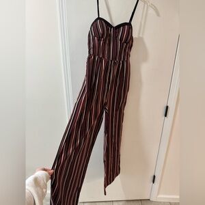 Band of Gypsies Burgundy and Black Striped Spaghetti Strap Jumpsuit
